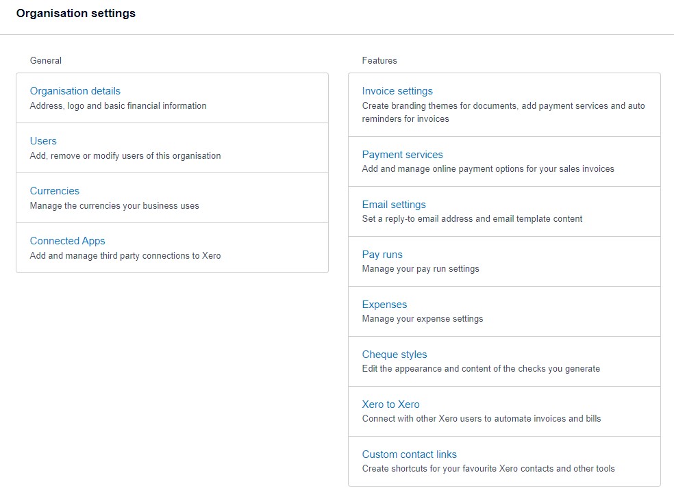 Xero settings screen, step 2 of giving accounting permissions