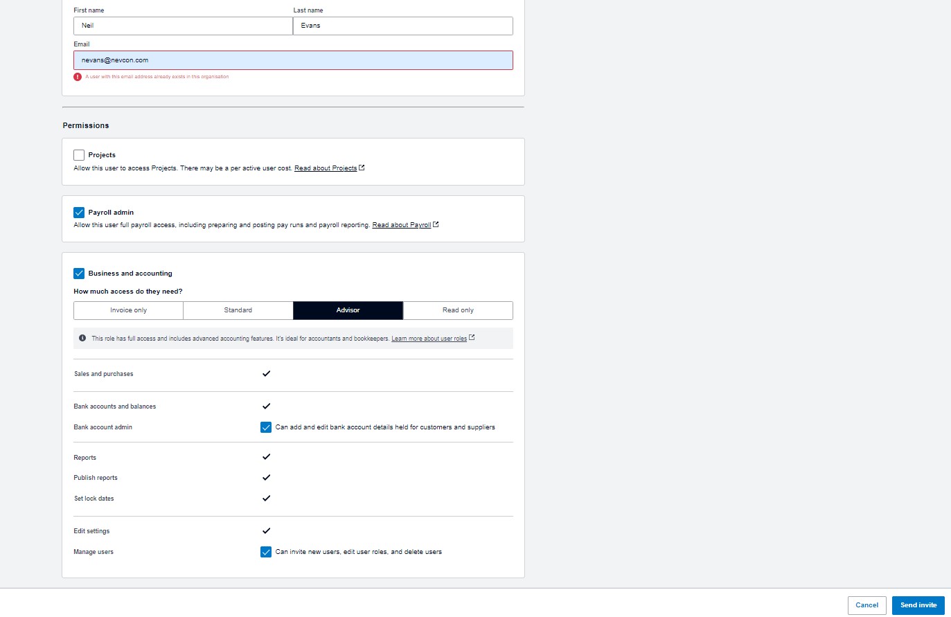 Xero settings screen, step 3 of giving accounting permissions